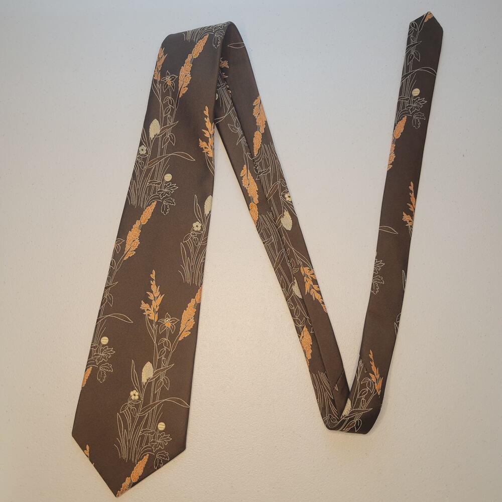 Vintage Don Loper California Wide Necktie Brown Floral Botanical Polyester Tie